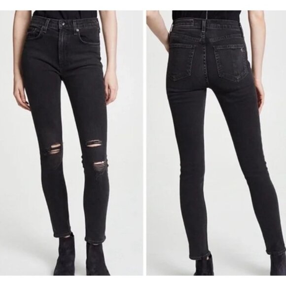 rag & bone Denim - Rag & Bone High Rise Ankle Skinny Jeans Black Busted Knee Size 26 Distressed